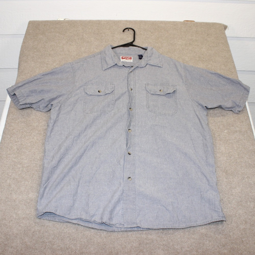 Wrangler Premium Quality Mens Large Blue Short Sleeve Cotton Button Down Shirt